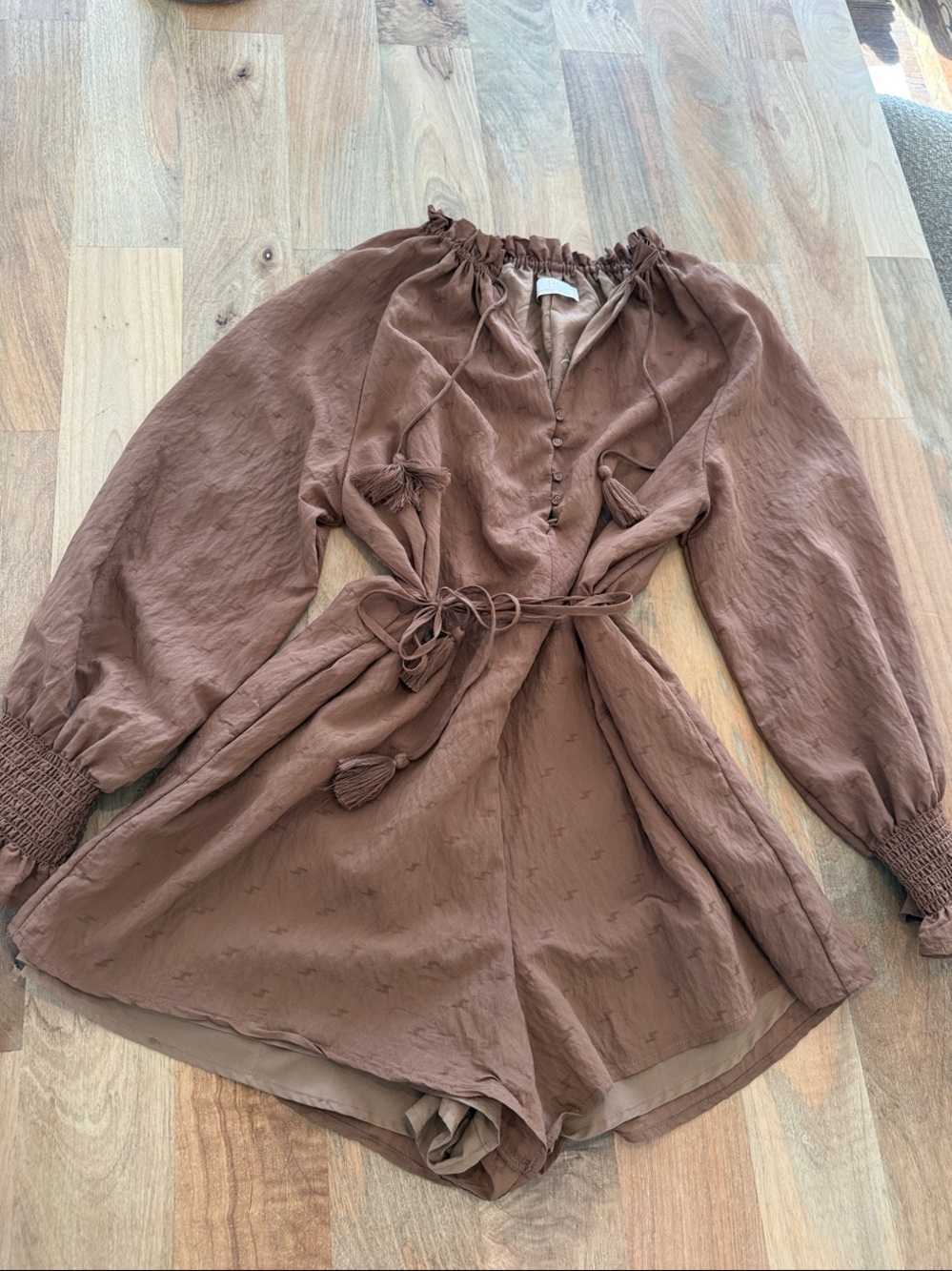 Women's Brown Long-Sleeve Tie-Waist Romper
